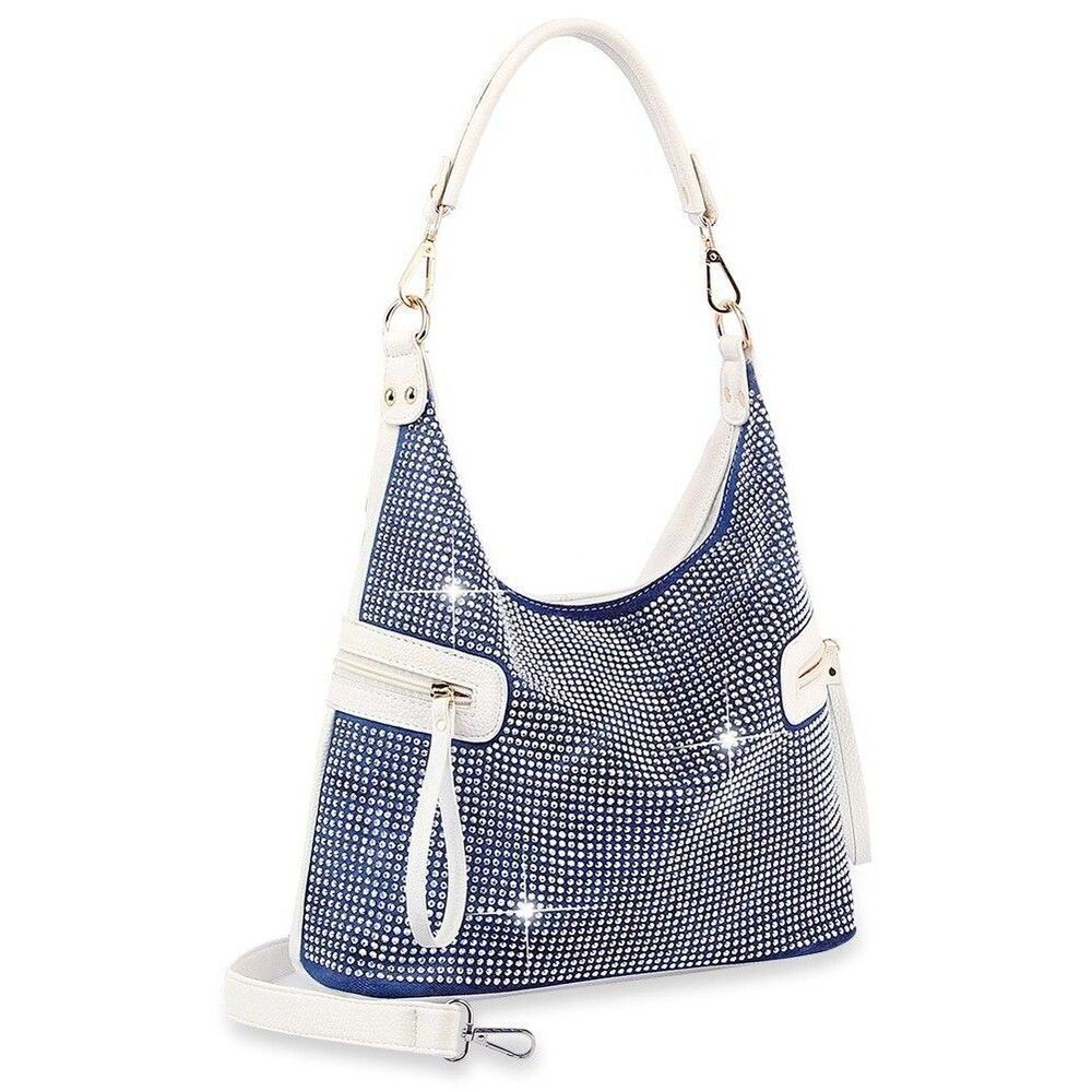 Shimmery Stones Blue-White  Color  Hobo Handbag With Side Pockets